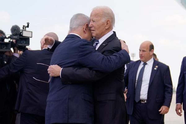 President Joe Biden is greeted by Israeli Prime Minister Benjamin Netanyahu after arriving at Ben Gurion International Airport.